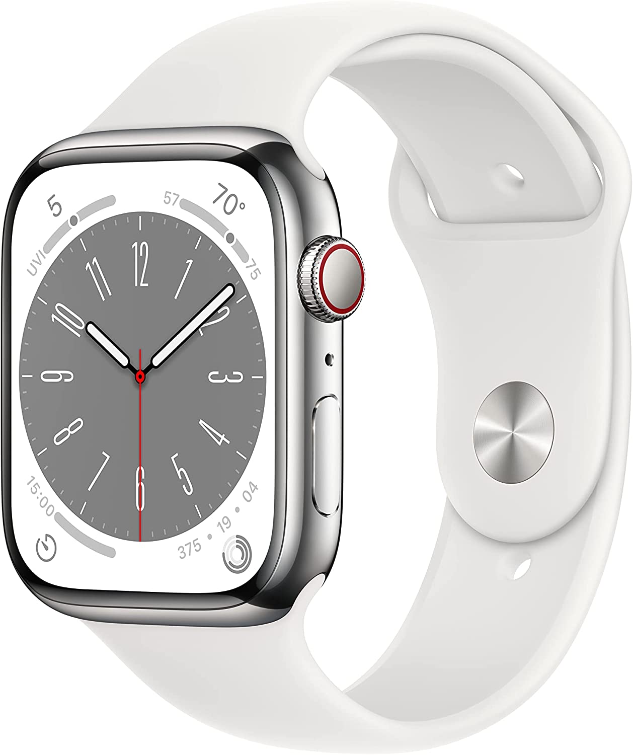 New Apple Watch Series 8 GPS + Cellular 45mm Silver Stainless Steel Case with White Sport Band - Regular