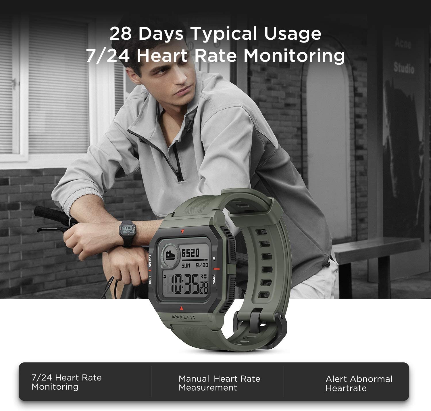 Amazfit Neo Fitness Retro Smartwatch with Real-Time Workout Tracking, Heart Rate and Sleep Monitoring, 28-Day Battery Life, Smart Notifications, 1.2" Always-On Display, Water Resistant, Green