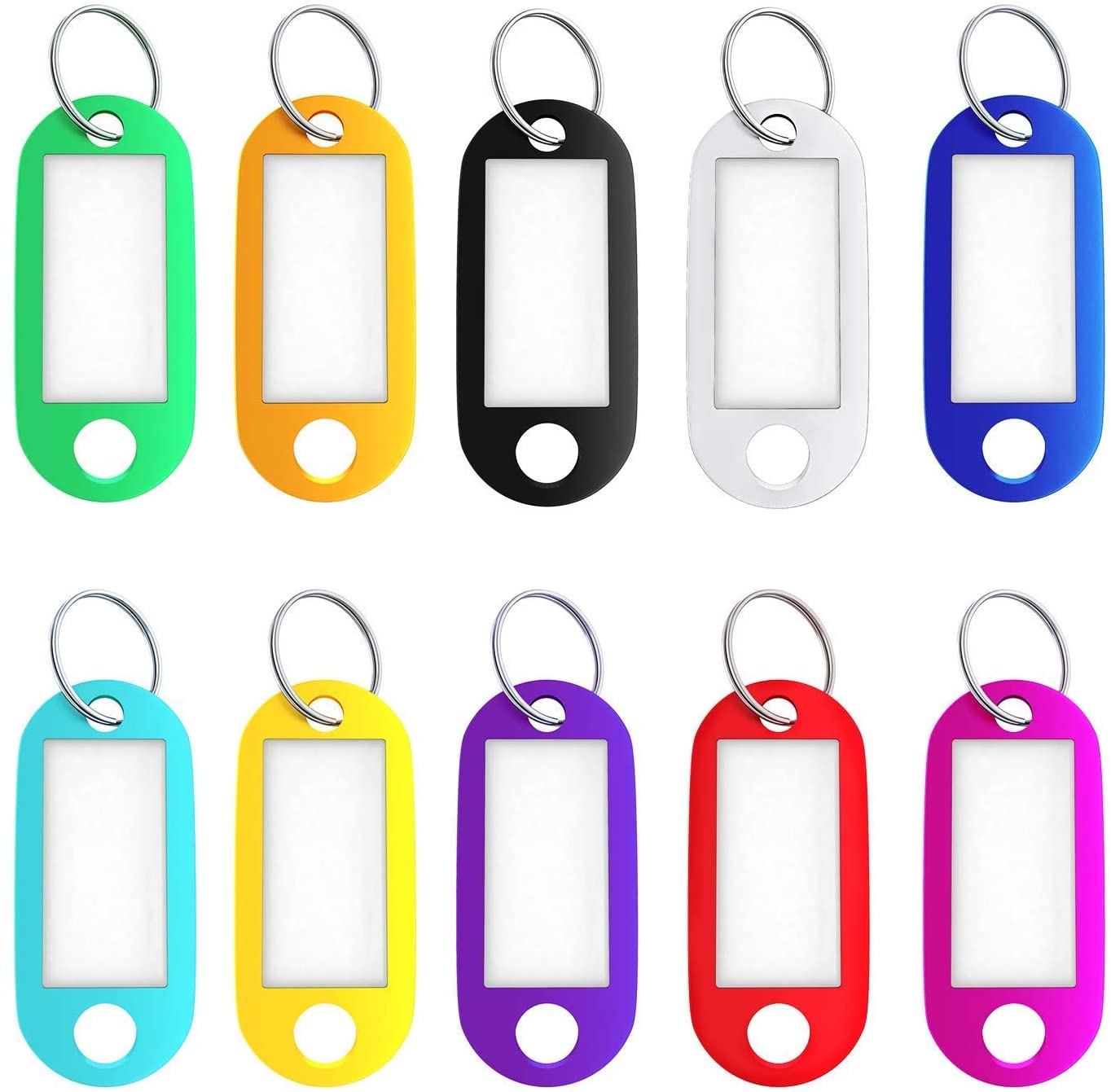 Key Tags, 50 Pack Tough Plastic ID Labels Keyring Keychain with Split Ring and White Label - 10 Assorted Colors