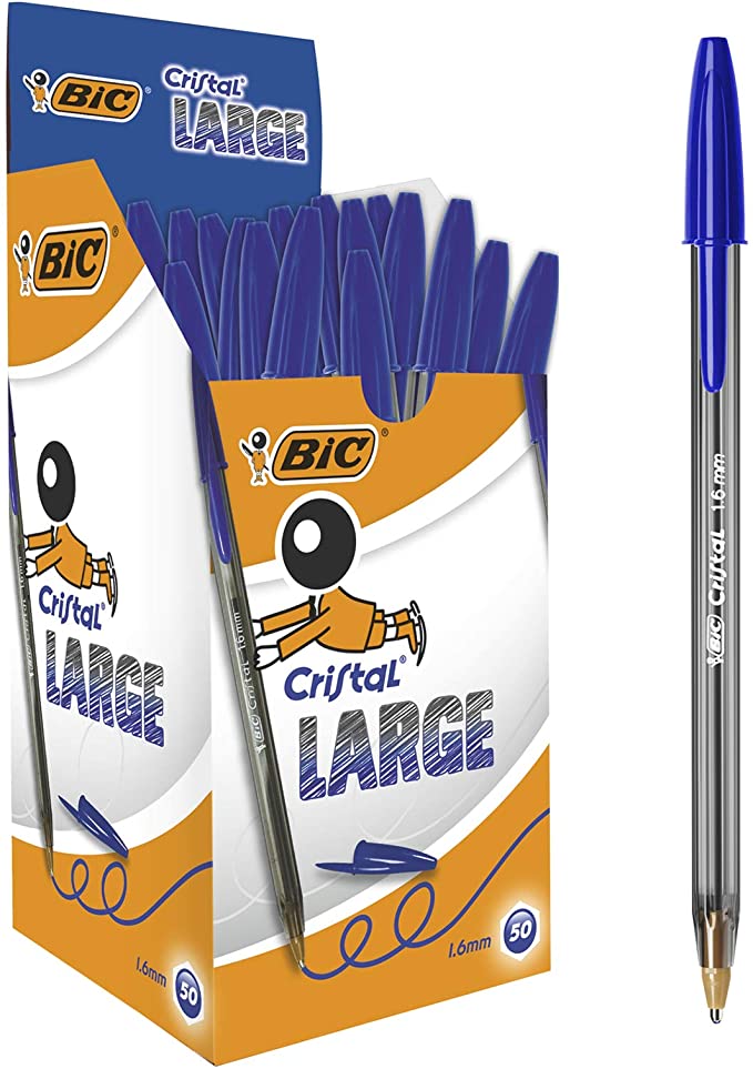 BIC Cristal Large, Wide Point Ball Ballpoint Pens, Smooth Ink Flow, Lightly Smoked Barrel, in Blue, Pack of 50