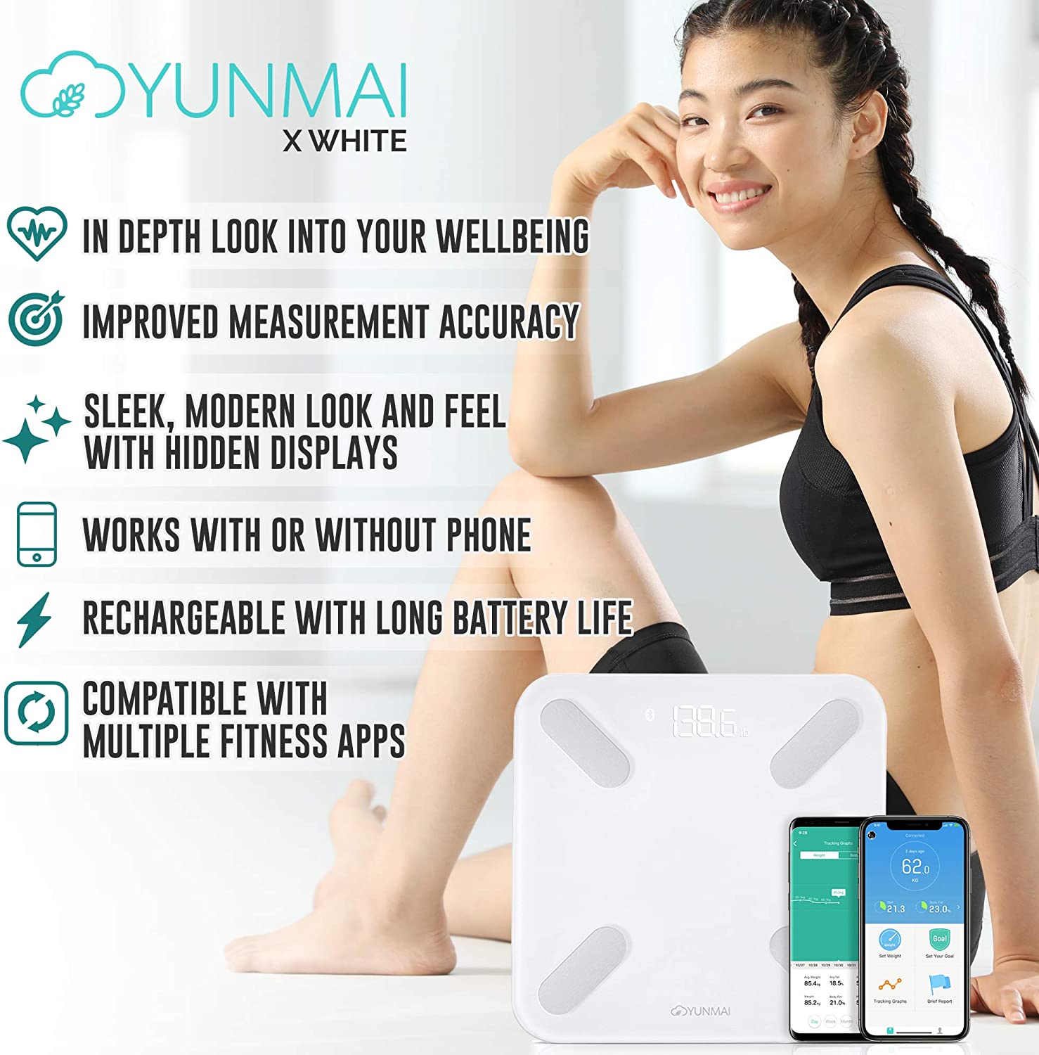 Yunmai X Smart Scale Body Analyzer 2ND GEN for 2020 | Compact Bluetooth Body Fat and BMI Scale Plus More. Rechargeable with Free App and Hidden Display