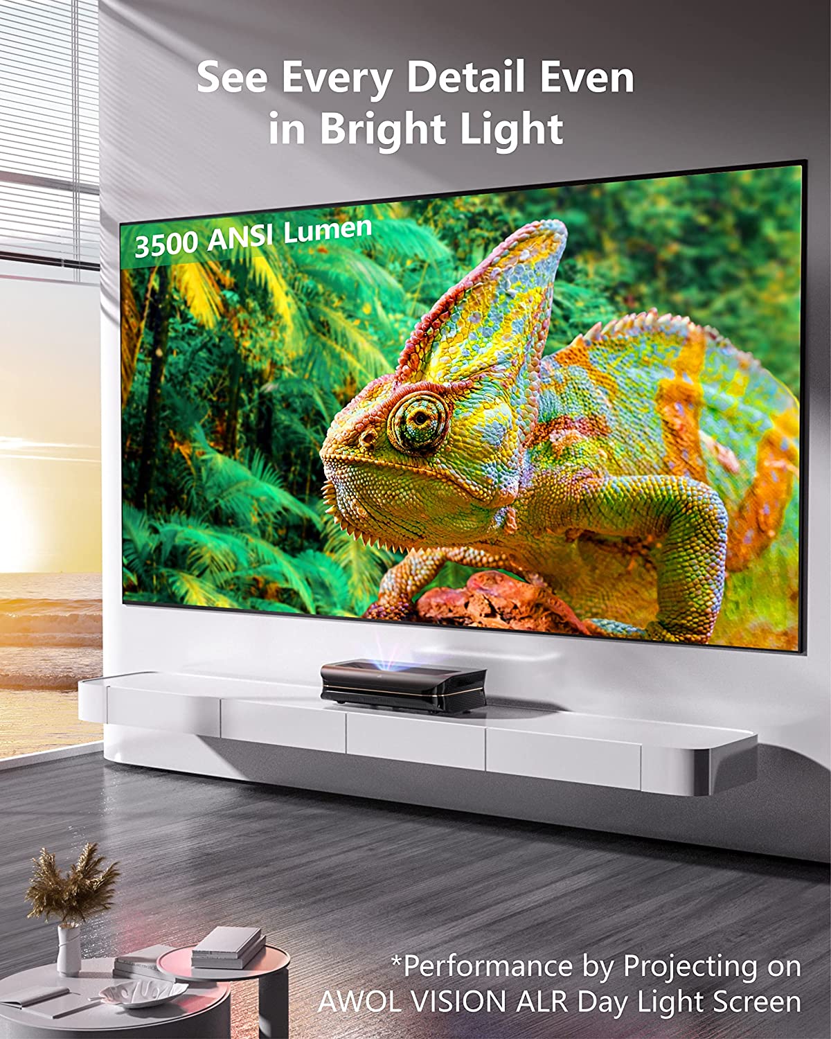 AWOL VISION LTV-3500 80”-150" 4K 3D Laser TV, 3500 ANSI Lumen Ultra Short Throw Triple Laser Projector Without Color Wheel, HDR10+ Dolby Atoms Home Theatre UST Projector