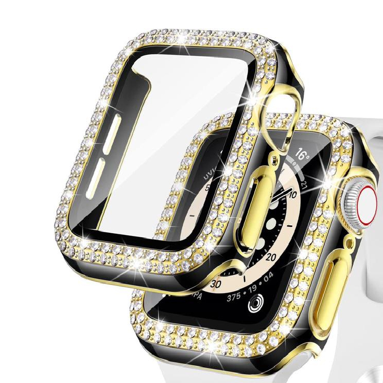 Caviar Compatible with Apple Watch 7/6 44mm Two-Tone Color Double Row Glitter Rhinestone Bling Crystal Diamonds Anti-Shock Protective Cover With HD Tempered Glass Build-in 44mm, Black/Gold
