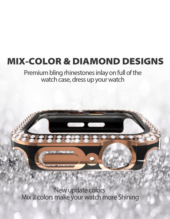 Caviar Compatible with Apple Watch 7/6 44mm Two-Tone Color Double Row Glitter Rhinestone Bling Crystal Diamonds Anti-Shock Protective Cover With HD Tempered Glass Build-in 44mm, Black/RoseGold