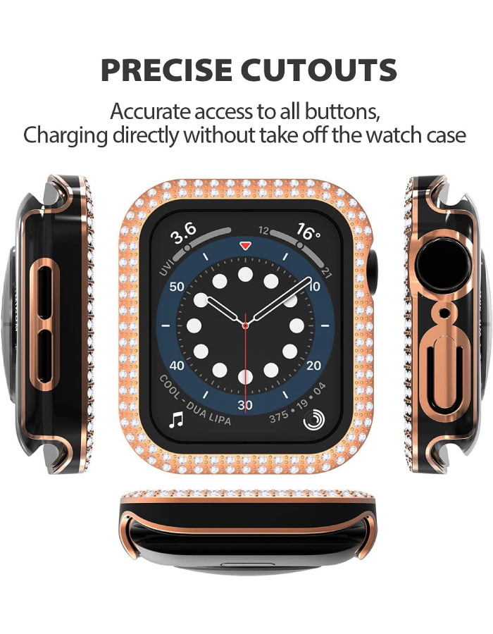 Caviar Compatible with Apple Watch 7/6 44mm Two-Tone Color Double Row Glitter Rhinestone Bling Crystal Diamonds Anti-Shock Protective Cover With HD Tempered Glass Build-in 44mm, Black/RoseGold