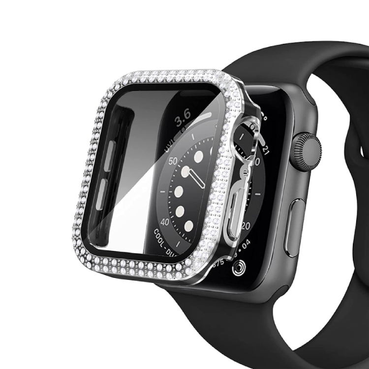 Caviar Bling Case Compatible for Apple Watch 44mm Series 7 with Screen Protector Hard PC Shockproof Crystal Diamond Rhinestone Bumper Full Face Cover for iWatch Women