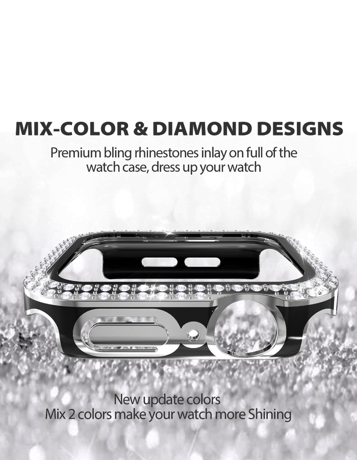 Caviar Compatible with Watch 7/6 44mm Two-Tone Color Double Row Glitter Rhinestone Bling Crystal Diamonds Anti-Shock Protective Cover With HD Tempered Glass Build-in Screen Black Silver
