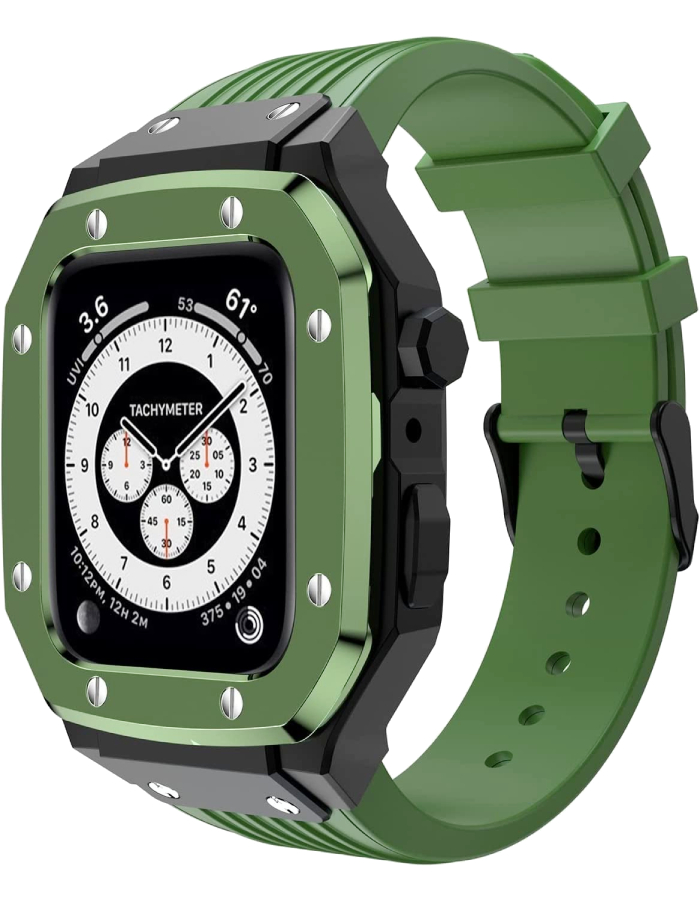 Caviar Latest Modification Kit Metal Bezel For Apple Watch Band Case Seires 8 7 6 45mm Alloy Frame Silicone Strap Replacement For iWatch 45mm, Green/Green