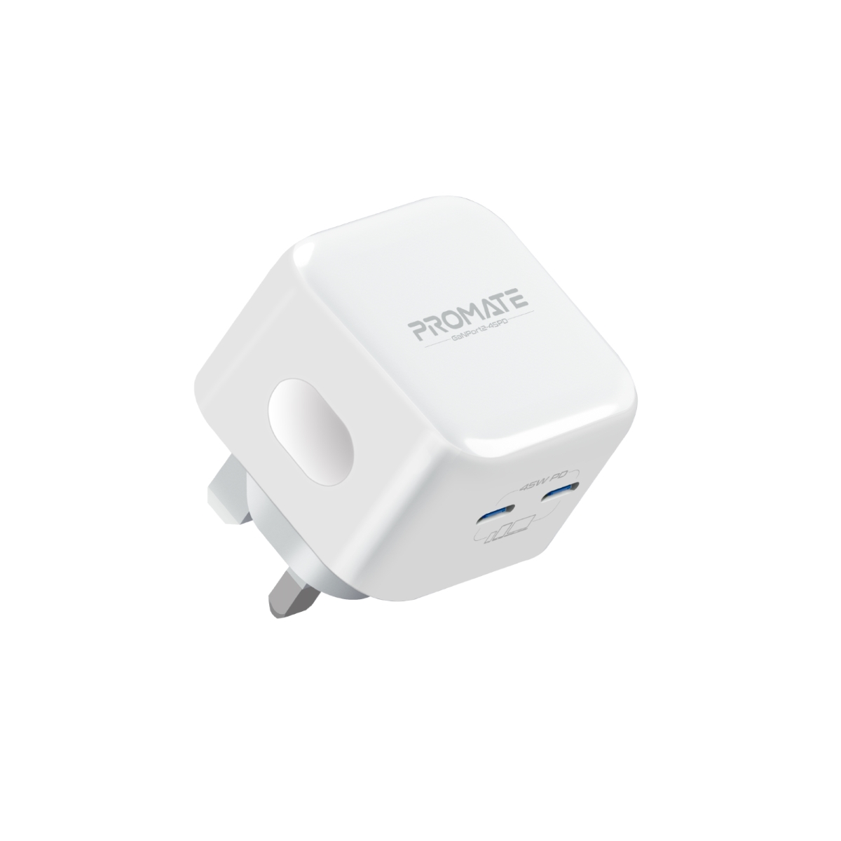 Promate GaN USB-C Charger with 45W Dual USB-C Power Delivery Ports and Short-Circuit Protection, GaNPort2-45PD