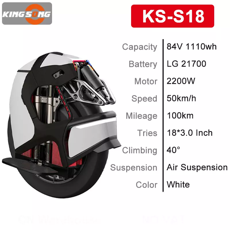KingSong KS S18 84V 2200W Motor Shock Absorbing Unicycle Frosted, White