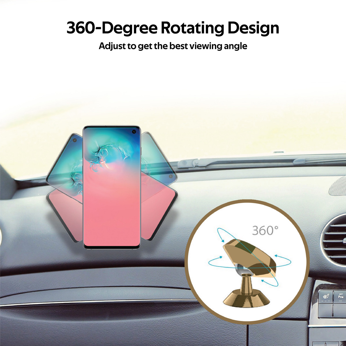 Promate Car Phone Holder, MultiAngle 360 Degree Metallic Car Phone Mount with