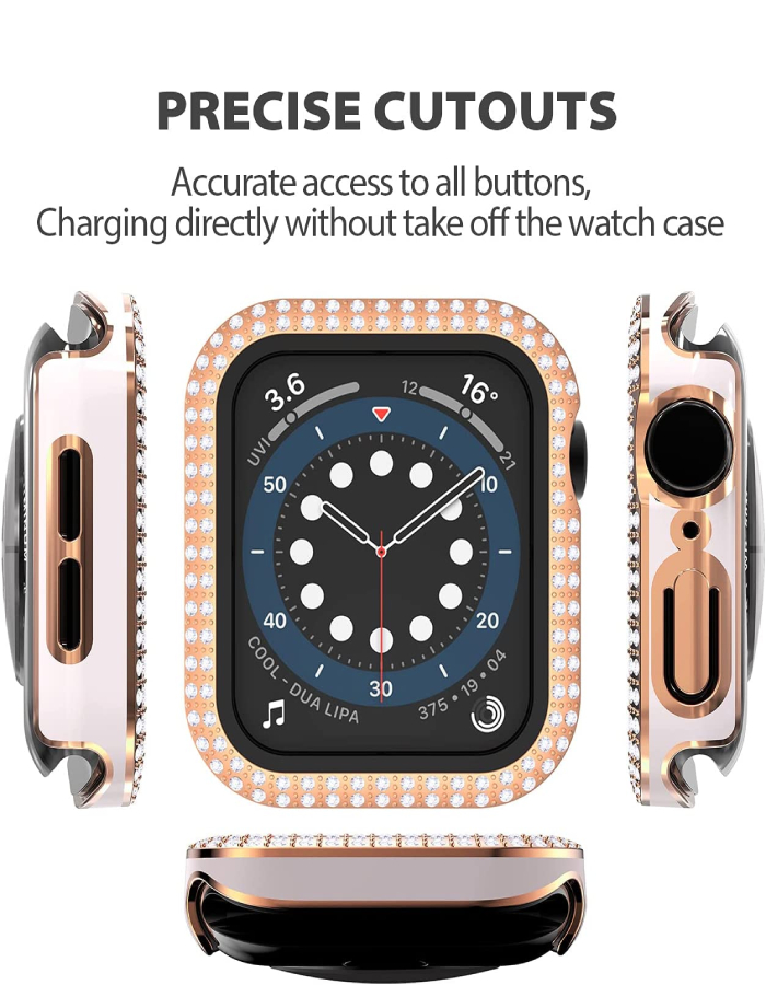 Caviar Compatible with Apple Watch 7/6 44mm Two-Tone Color Double Row Glitter Rhinestone Bling Crystal Diamonds Anti-Shock Protective Cover With HD Tempered Glass Build-in 44mm, Pink/RoseGold