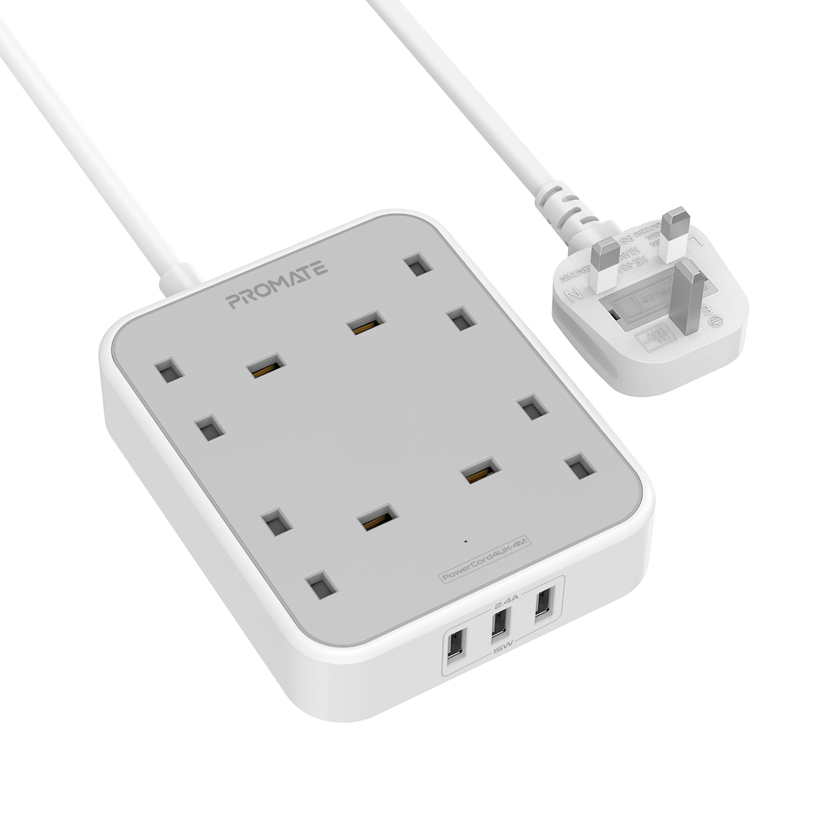 Promate Power Strip, Powerful 7-in-1 Wall Charger with 3250W 4 AC Outlets, 3 USB Intellicharge Ports, Over-Charge Protection and 4M Extension Cord for iPhone 12/Home/Office/iPad, PowerCord4UK-4M