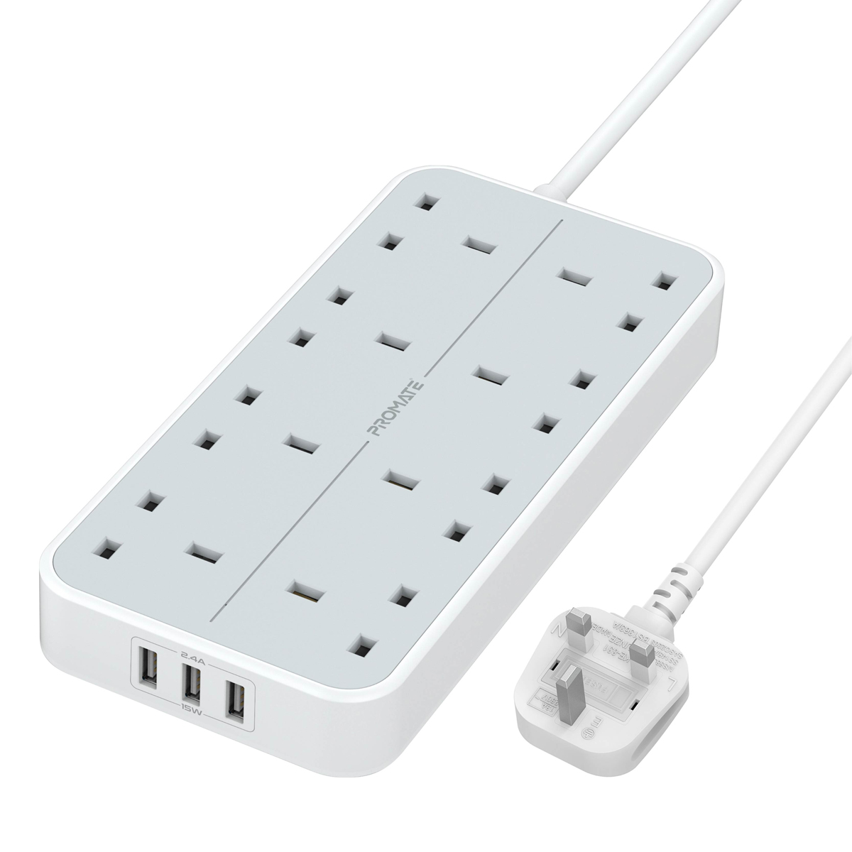 Promate Power Strip, Heavy-Duty 11-in-1 Surge Protector Power Extension with Massive 3250W 8 AC Outlets, 3 USB Intellicharge Ports and 4M Cord Length for iPhone12/TV/Fridge/Office, PowerCord8UK-4M