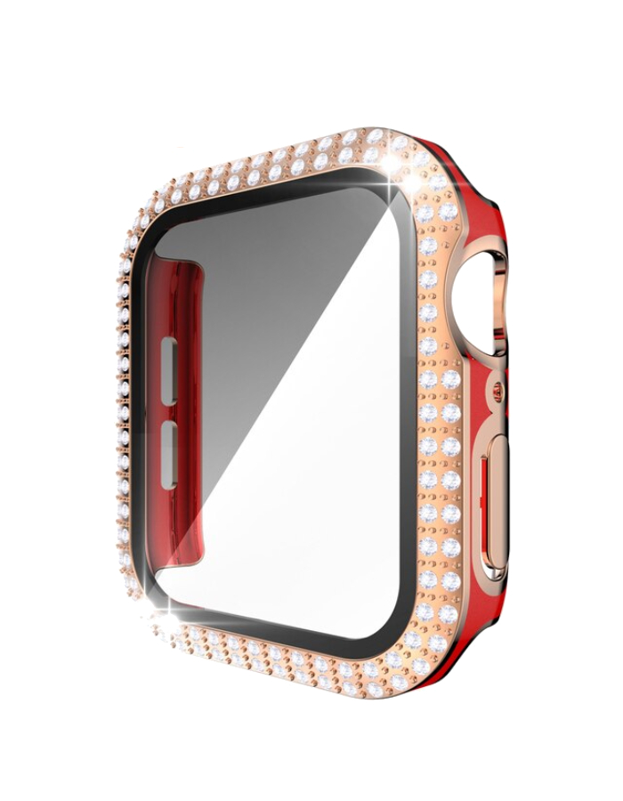 Caviar Compatible with Apple Watch 7/6 44mm Two-Tone Color Double Row Glitter Rhinestone Bling Crystal Diamonds Anti-Shock Protective Cover With HD Tempered Glass Build-in 44mm, Red/Gold