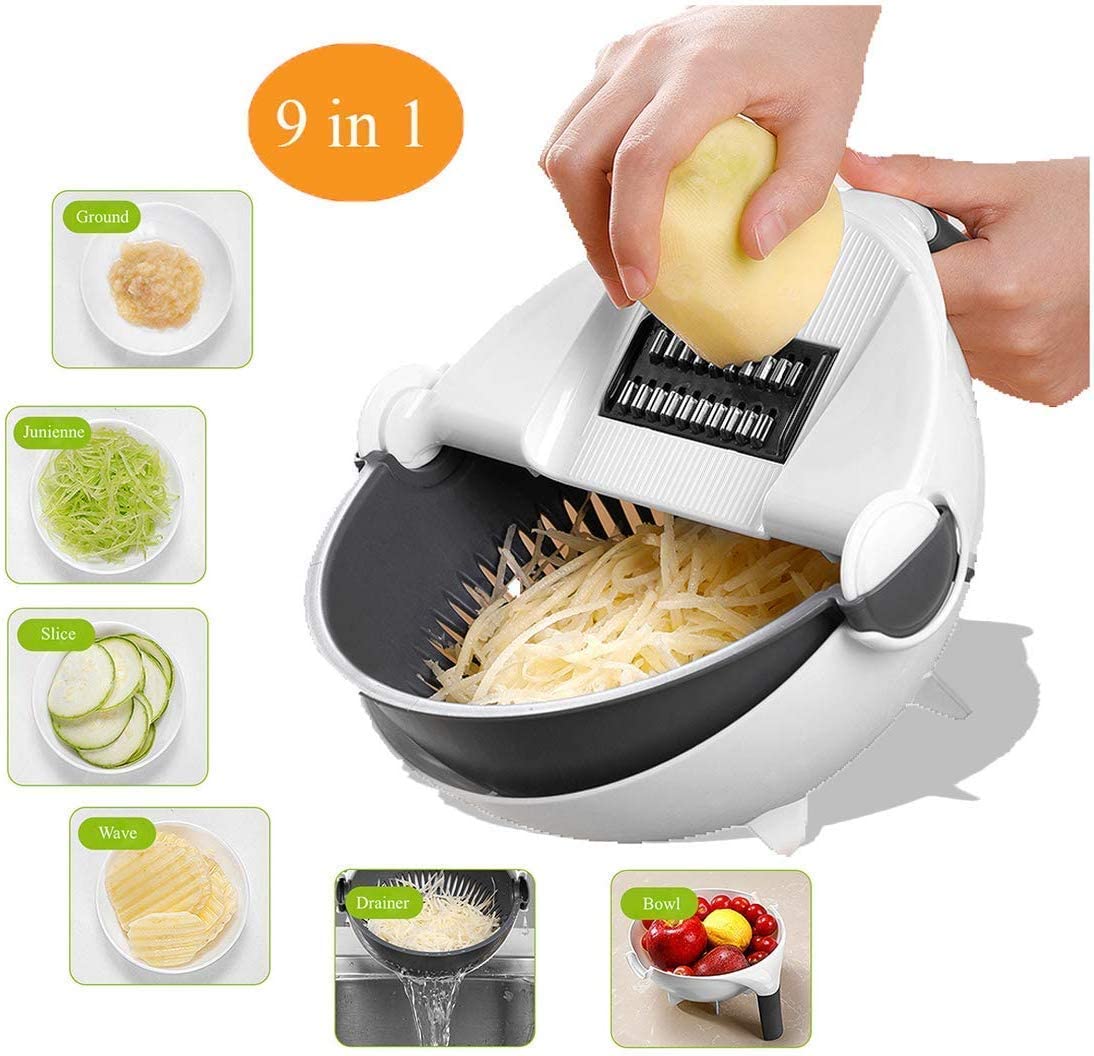 9 in 1 Drain Basket Vegetable Cutter, Rotate Vegetable Slicer with Drain Basket, Kitchen Multifunction Grater Shredder Food Dicer