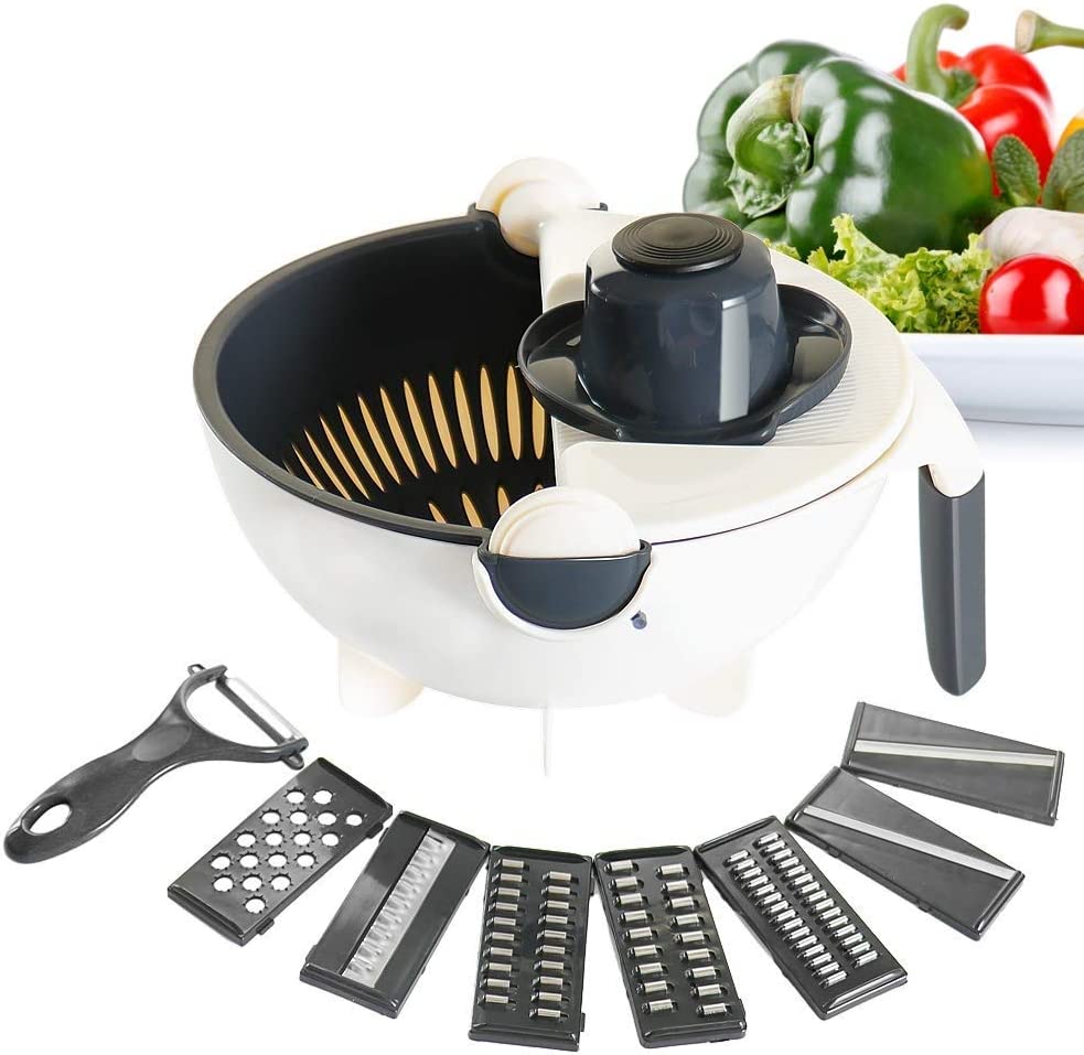 9 in 1 Drain Basket Vegetable Cutter, Rotate Vegetable Slicer with Drain Basket, Kitchen Multifunction Grater Shredder Food Dicer
